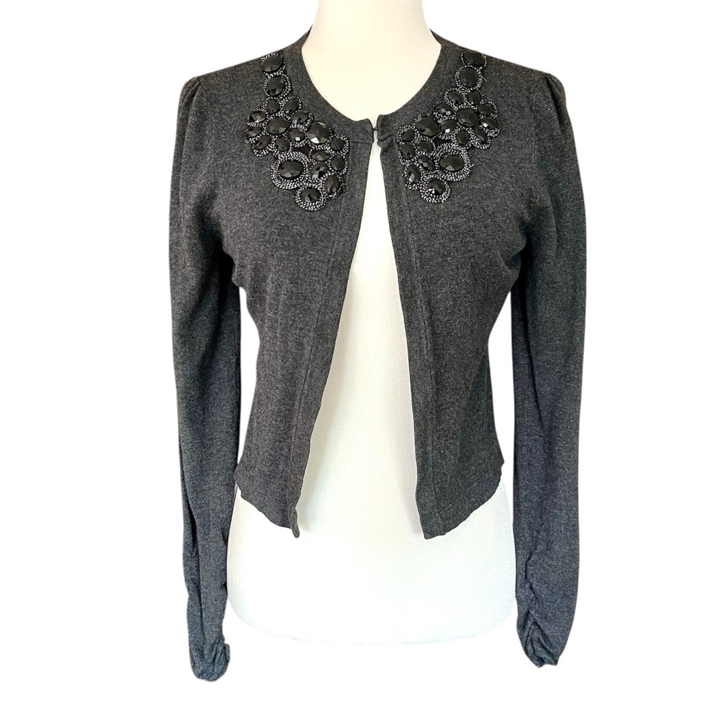 INC Cropped Cardigan Size Medium Beaded Gray Black Classic Y2K Sparkle Old Money